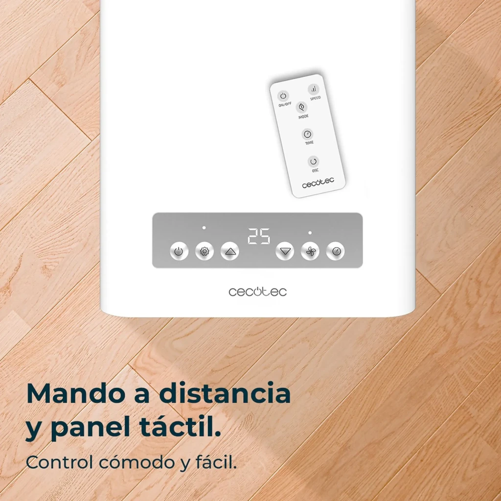 Aire acondicionado portátil blanco con rejilla frontal vertical, panel superior táctil, asa lateral y control por app y mando; flujo de aire azul visible - Ítem2