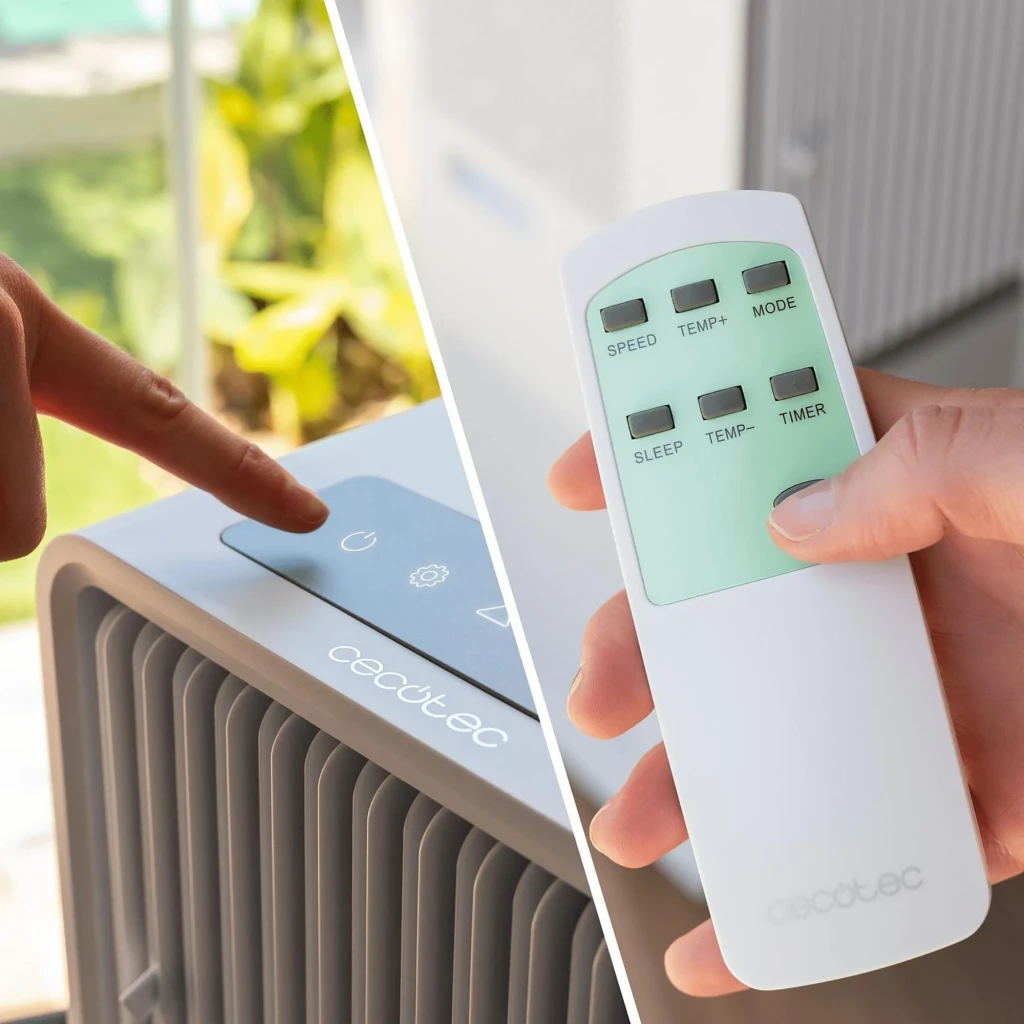 Aire acondicionado portátil blanco con rejilla frontal vertical, panel superior táctil, asa lateral y control por app y mando; flujo de aire azul visible - Ítem6