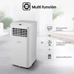 Climatiseur portable blanc avec écran supérieur, larges grilles frontales, modes réfrigération, 2 vitesses de ventilation et déshumidification