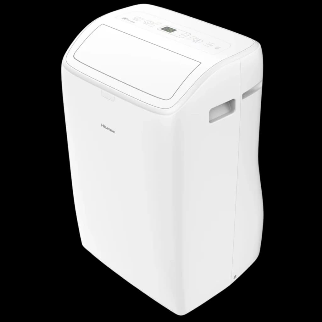 Climatiseur portable blanc Hisense Patagonia compact, panneau de commande supérieur avec écran, bords arrondis, poignées latérales intégrées, design