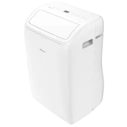 Climatiseur portable blanc Hisense Patagonia compact, panneau de commande supérieur avec écran, bords arrondis, poignées latérales intégrées, design
