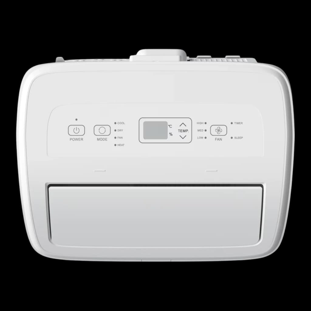 Panneau supérieur blanc du climatiseur portable Hisense Patagonia avec écran LCD central, boutons Power et Mode, réglages Temp, vitesses Low à High et Sleep