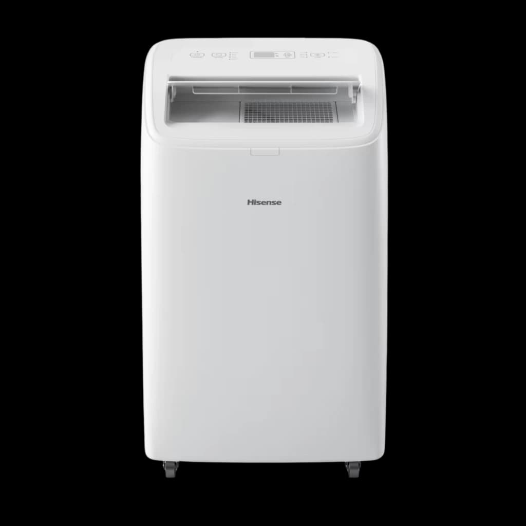 Climatiseur portable Hisense Patagonia APH12QC blanc, façade lisse avec écran LED supérieur, bouches d’air frontales, roulettes discrètes, design compact