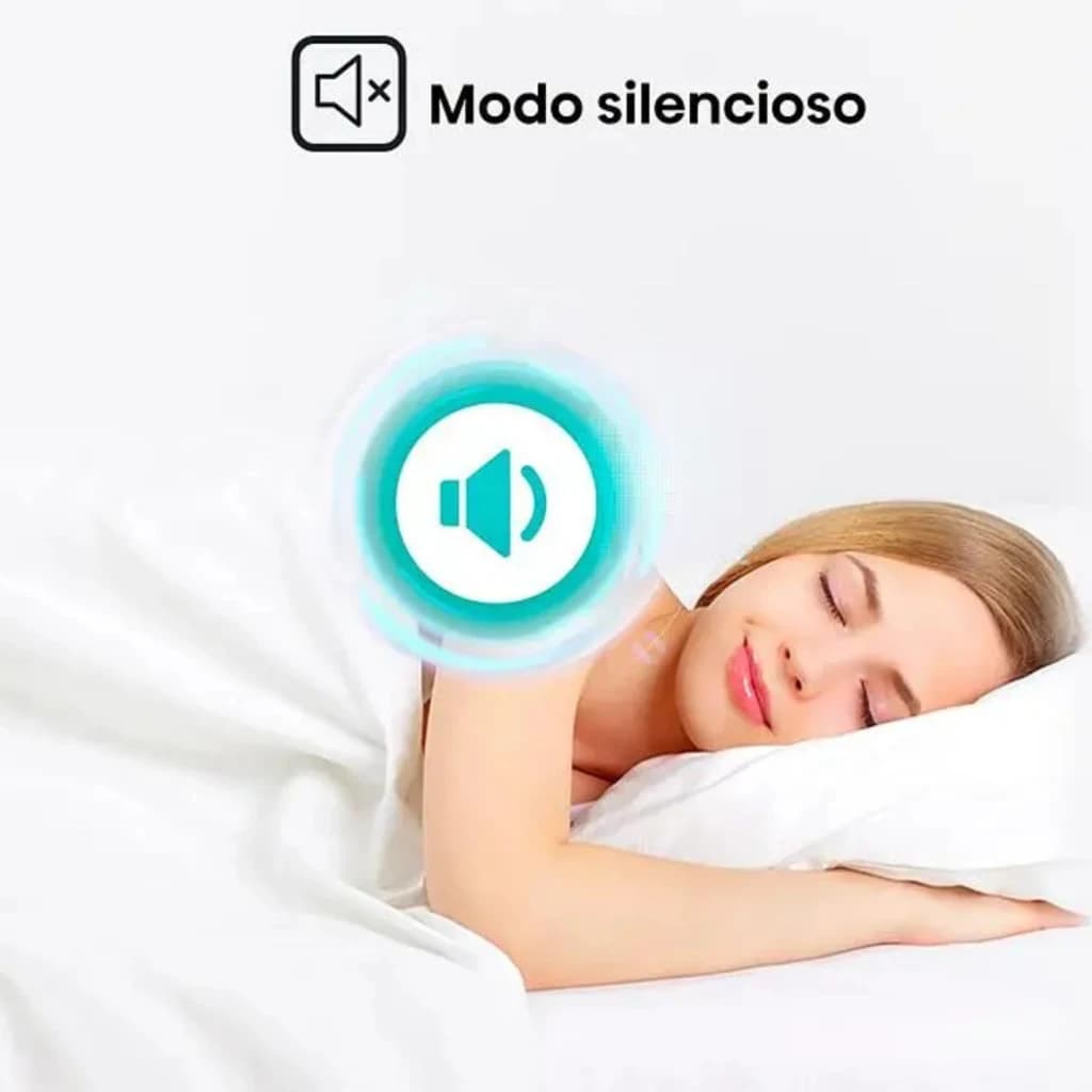 Icône haut-parleur barré mode silencieux, femme dormant paisiblement sous une couette blanche, ambiance douce et calme, fond clair minimaliste