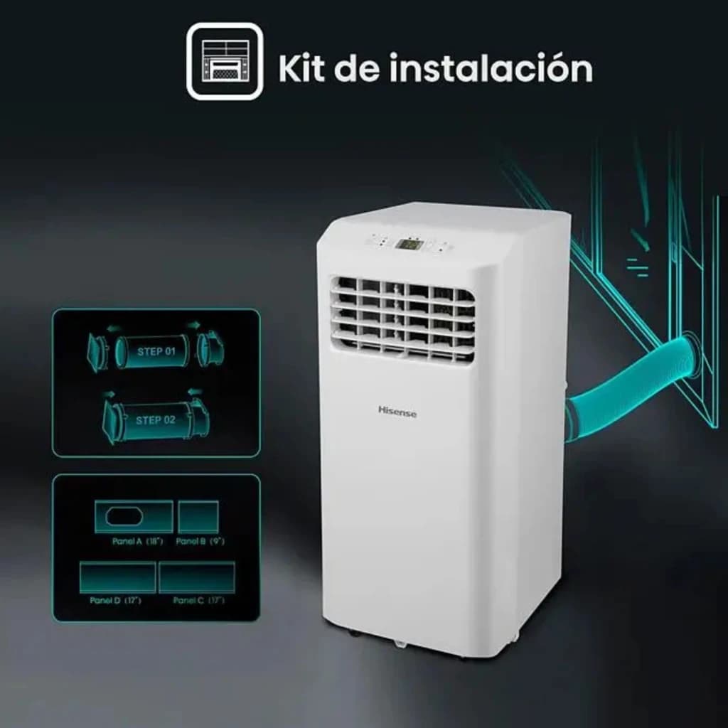 Climatiseur portable blanc Hisense avec écran LED, grille frontale et tuyau d’évacuation turquoise; kit d’installation pour fenêtre inclus