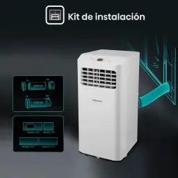 Climatiseur portable blanc Hisense avec écran LED, grille frontale et tuyau d’évacuation turquoise; kit d’installation pour fenêtre inclus