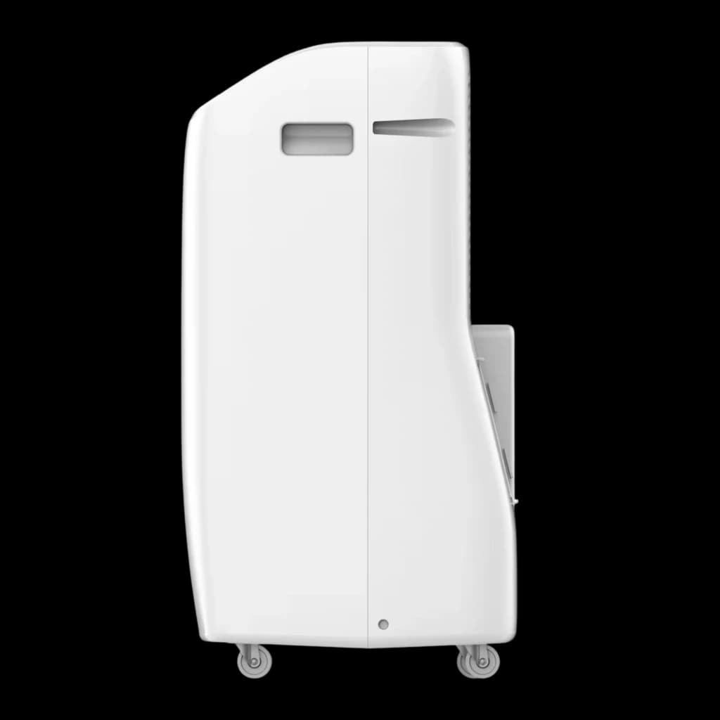 Climatiseur portable blanc sur roulettes, profil latéral épuré avec poignées intégrées et fentes de ventilation, format compact et moderne