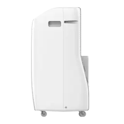 Climatiseur portable blanc sur roulettes, profil latéral épuré avec poignées intégrées et fentes de ventilation, format compact et moderne