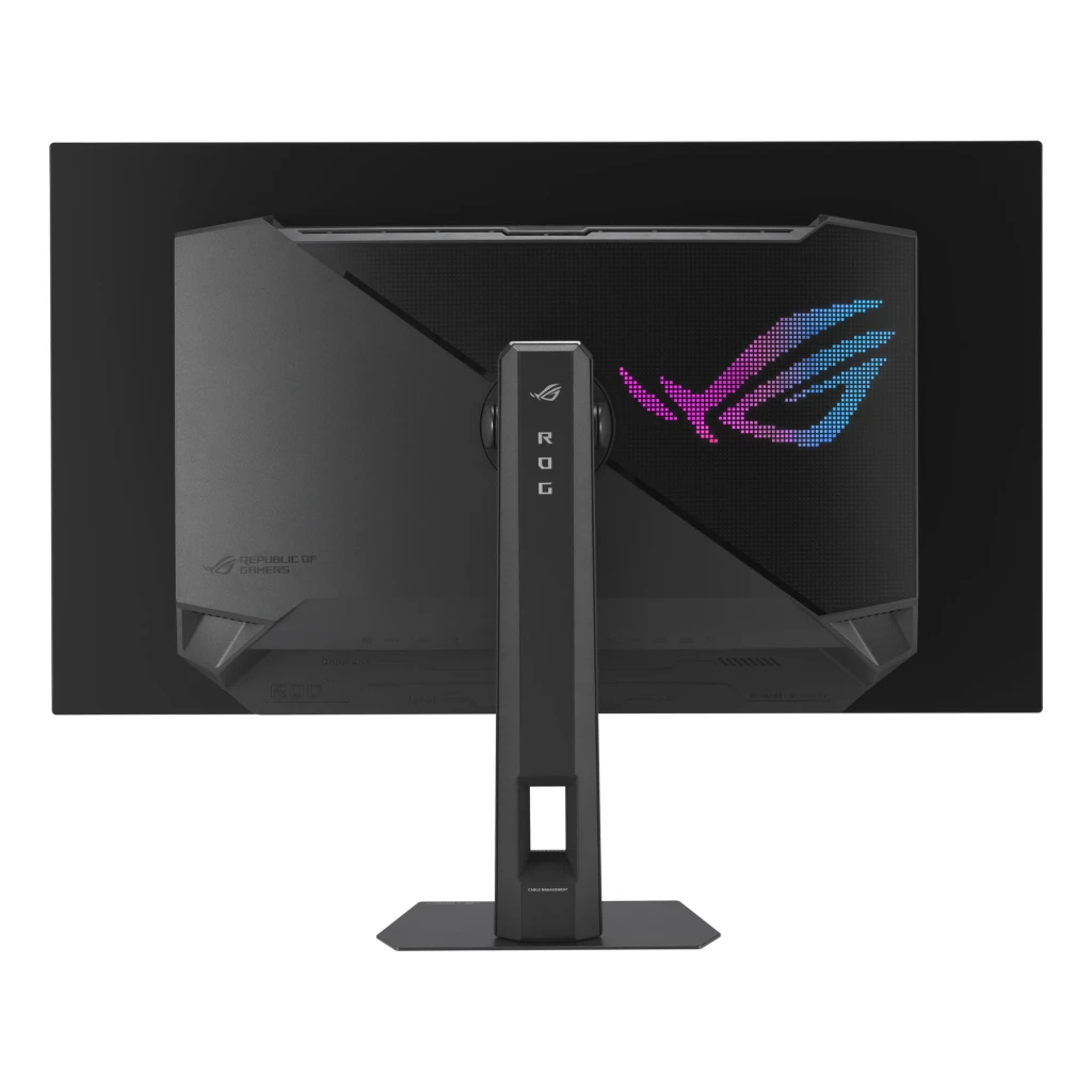 Parte trasera del Monitor ASUS ROG Strix OLED XG32UCWG con iluminación RGB del logo, soporte central ajustable y diseño angular en color negro