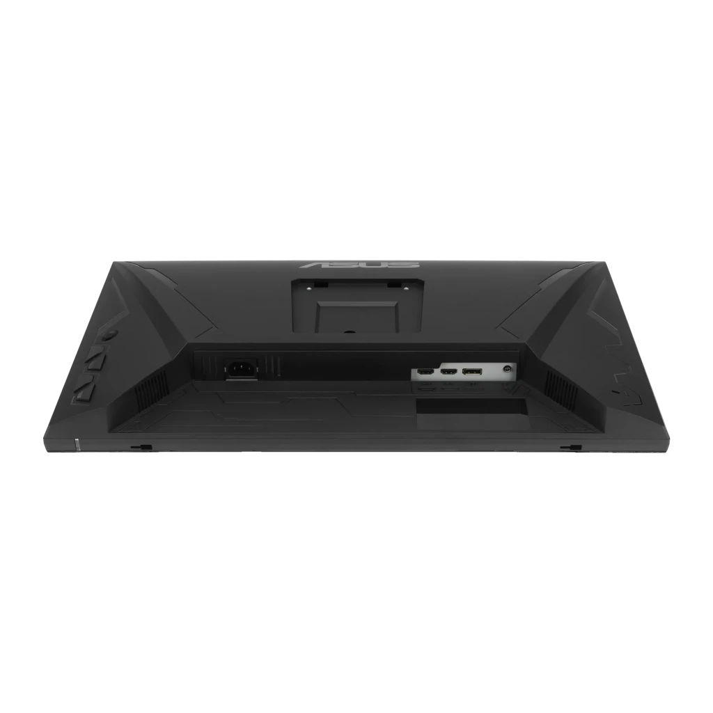 Parte trasera del monitor ASUS TUF VG259QMRL5A: carcasa negra angular, montura VESA central, ventilación lateral y puertos HDMI, DisplayPort y alimentación