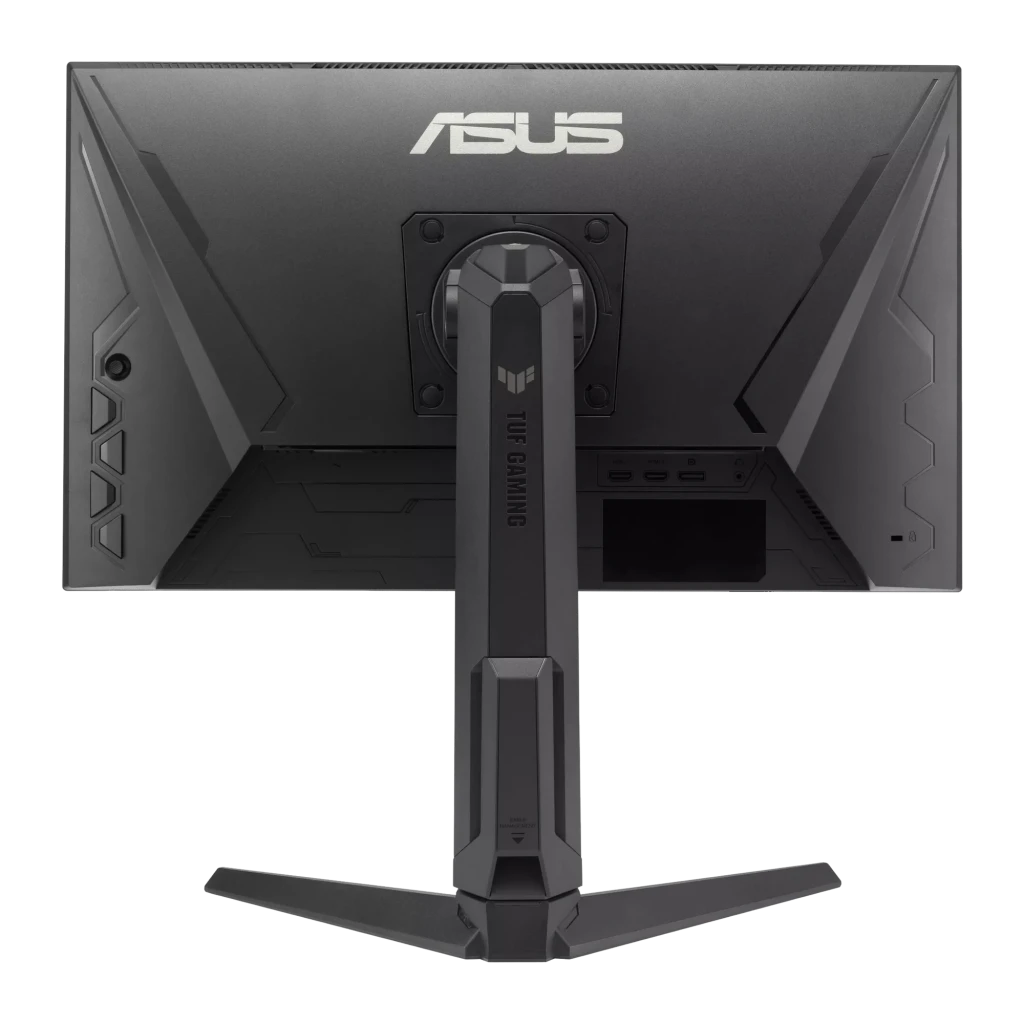 Parte trasera del monitor ASUS TUF Gaming VG259QMRL5A: soporte robusto con ajuste, puertos laterales, diseño angular negro con logo ASUS y canal de cables