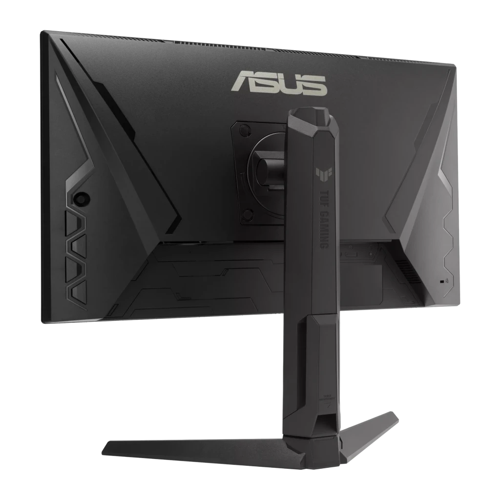 Parte trasera del monitor ASUS TUF Gaming VG259QMRL5A con diseño angular negro, soporte central robusto con logo TUF, biseles delgados y puertos ocultos