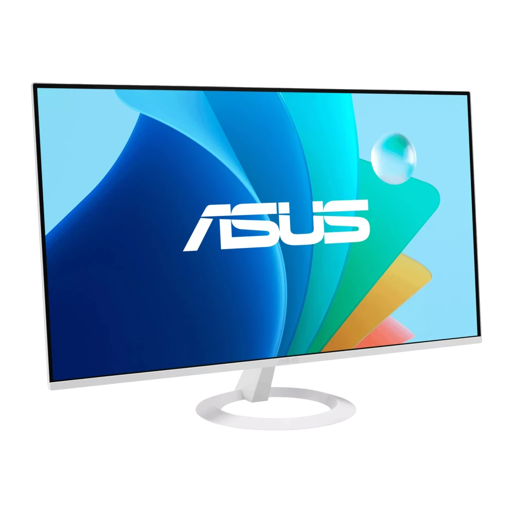 Écran ASUS VZ279HG-W 27 pouces blanc au cadre fin, dalle IPS FHD 120 Hz 1 ms, design élégant avec pied circulaire et bords ultra minces