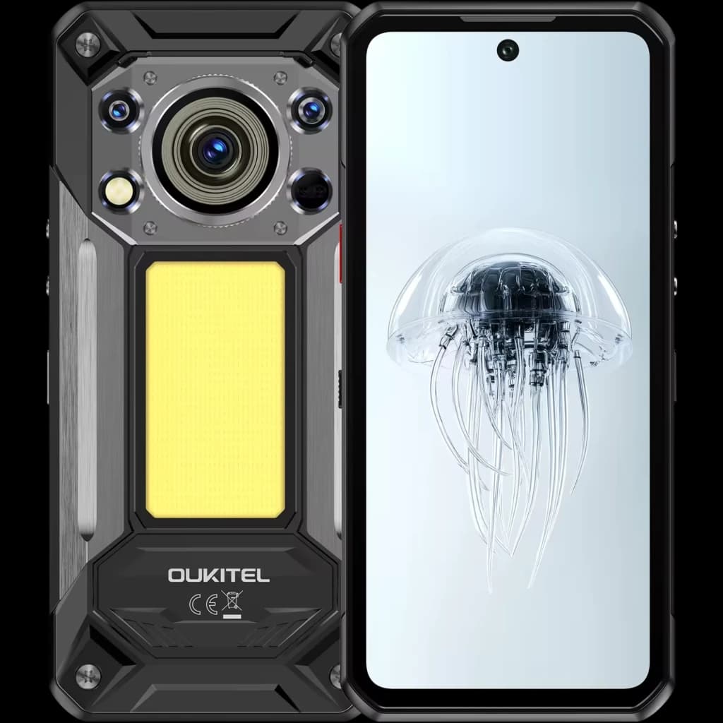 Oukitel WP500 5G preto robusto, módulo de câmera 108 MP com múltiplos sensores, corpo reforçado, tela perfurada frontal com molduras finas, NFC, 12 GB RAM,