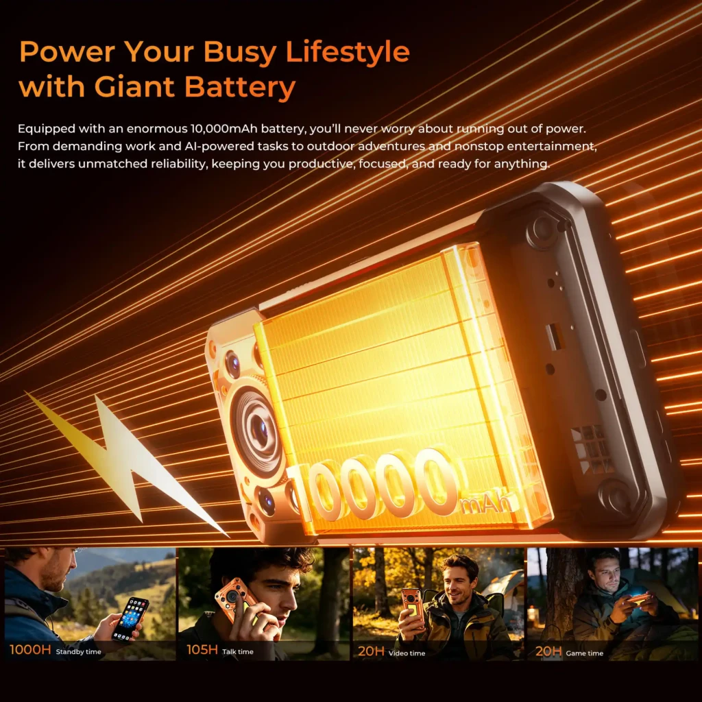 Oukitel WP500 5G naranja con cuerpo robusto IP68, gran módulo de cámara trasera, pantalla frontal con gráficos luminosos, detalles metálicos y tornillos - Ítem3