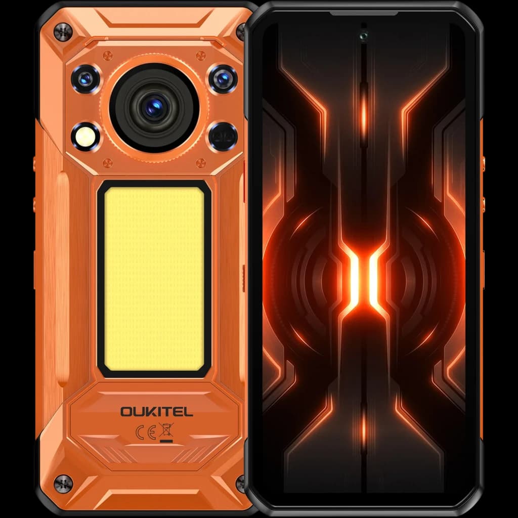 Oukitel WP500 5G laranja robusto, tela sem bordas com padrão neon, módulo de câmera circular grande, corpo IP68 reforçado, bateria 10 000 mAh, 12 GB RAM