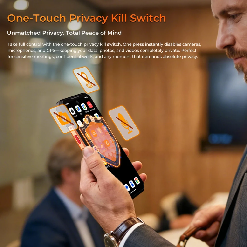 Oukitel WP500 5G naranja con cuerpo robusto IP68, gran módulo de cámara trasera, pantalla frontal con gráficos luminosos, detalles metálicos y tornillos - Ítem4