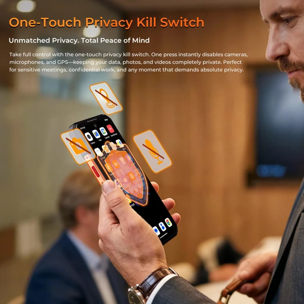 Smartphone robusto laranja com botão One-Touch Privacy Kill Switch, tela exibindo escudo e ícones de câmera e microfone desativados