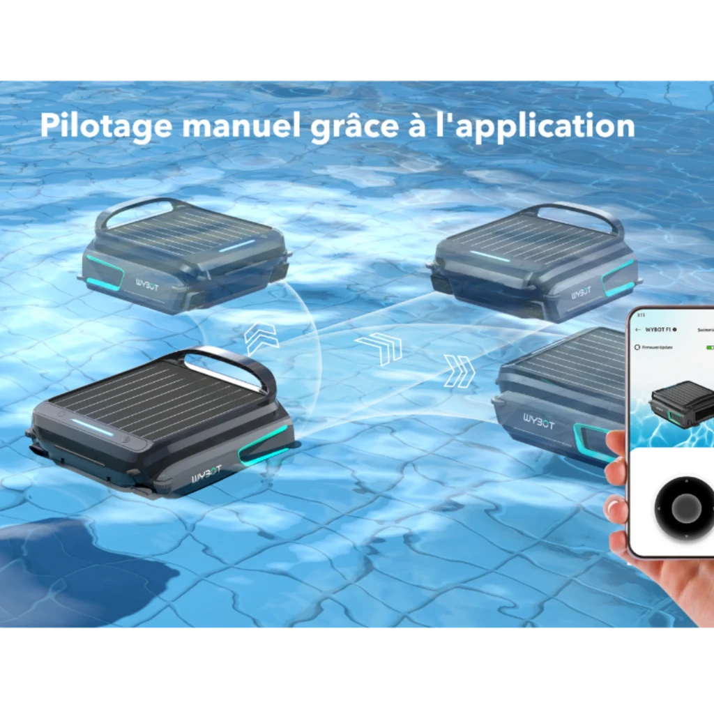 Wybot F1 Skimmer Solar Robot Limpiafondos Piscina con panel solar superior, diseño compacto negro y verde, control por app y entrada frontal de residuos - Ítem4