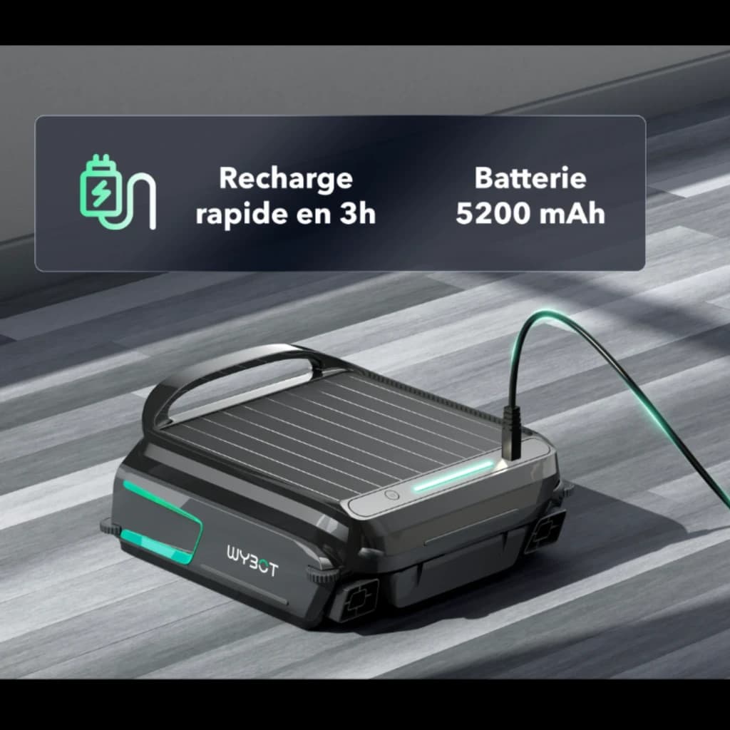 Skimmer solar Wybot F1 con panel fotovoltaico, luces LED verdes y puerto de carga; batería 5200 mAh y recarga rápida en 3 h