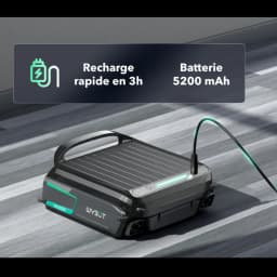 Skimmer solar Wybot F1 con panel fotovoltaico, luces LED verdes y puerto de carga; batería 5200 mAh y recarga rápida en 3 h