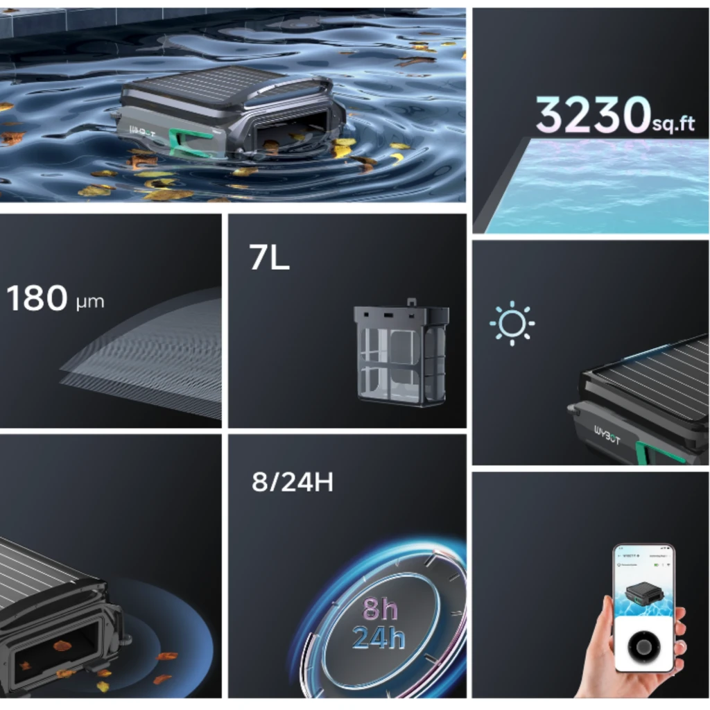 Wybot F1 Skimmer Solar Robot Limpiafondos Piscina con panel solar superior, diseño compacto negro y verde, control por app y entrada frontal de residuos - Ítem5