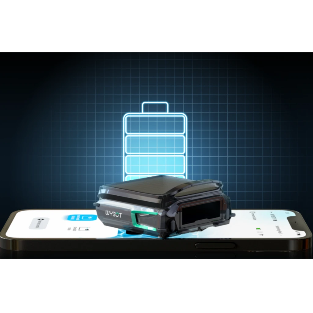 Wybot F1 Skimmer Solar Robot Limpiafondos Piscina con panel solar superior, diseño compacto negro y verde, control por app y entrada frontal de residuos - Ítem1