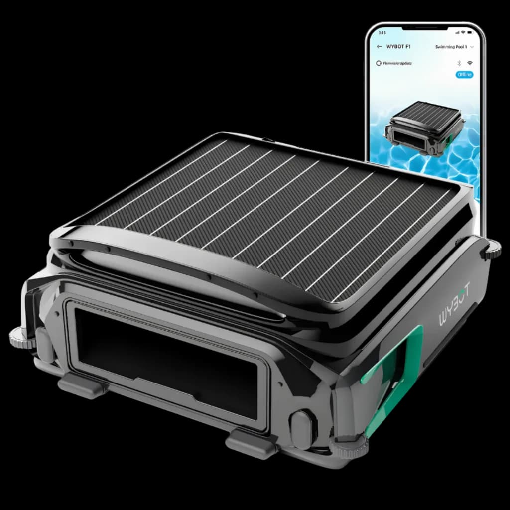 Wybot F1 Skimmer Solar Robot Limpiafondos Piscina con panel solar superior, diseño compacto negro y verde, control por app y entrada frontal de residuos