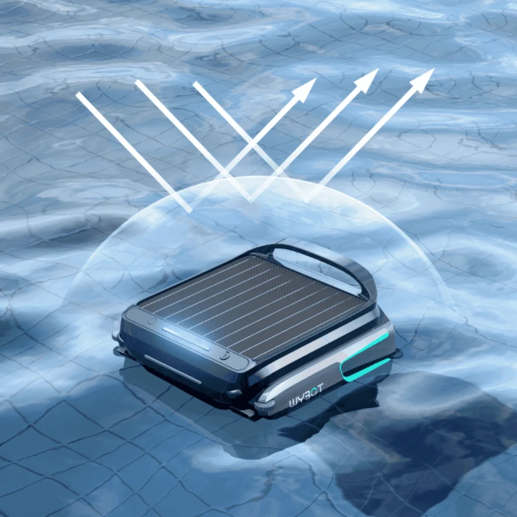 Wybot F1 Skimmer Solar Robot Limpiafondos Piscina con panel solar superior, diseño compacto negro y verde, control por app y entrada frontal de residuos - Ítem2