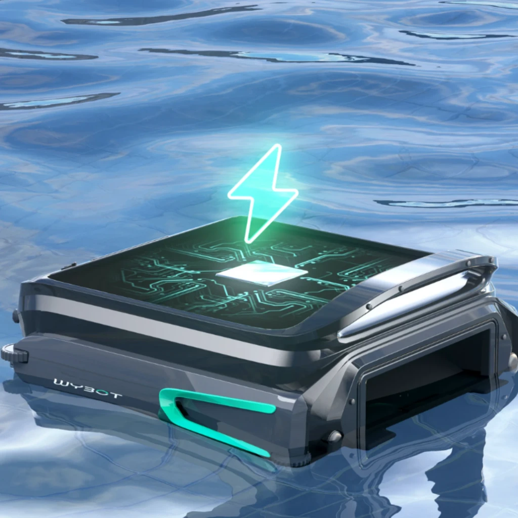 Wybot F1 Skimmer Solar Robot Limpiafondos Piscina con panel solar superior, diseño compacto negro y verde, control por app y entrada frontal de residuos - Ítem3
