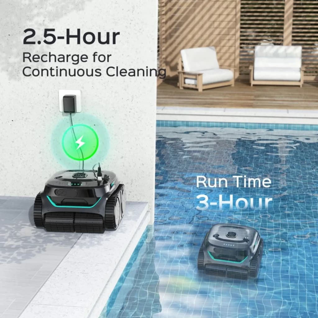 Wybot C2 Pro Robot Limpiafondos Inalámbrico gris con orugas, luz de carga verde, base de recarga en pared y funcionamiento sumergido en piscina azulejada