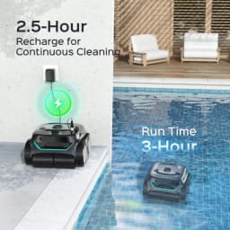 Wybot C2 Pro Robot Limpiafondos Inalámbrico gris con orugas, luz de carga verde, base de recarga en pared y funcionamiento sumergido en piscina azulejada