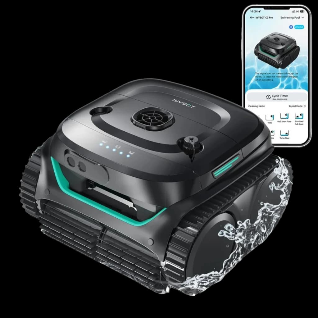 Wybot C2 Pro Robot Limpiafondos Inalámbrico en negro con orugas laterales, luces LED de estado, salpicaduras de agua y app móvil mostrando controles y estado
