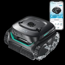 Wybot C2 Pro Robot Limpiafondos Inalámbrico en negro con orugas laterales, luces LED de estado, salpicaduras de agua y app móvil mostrando controles y estado