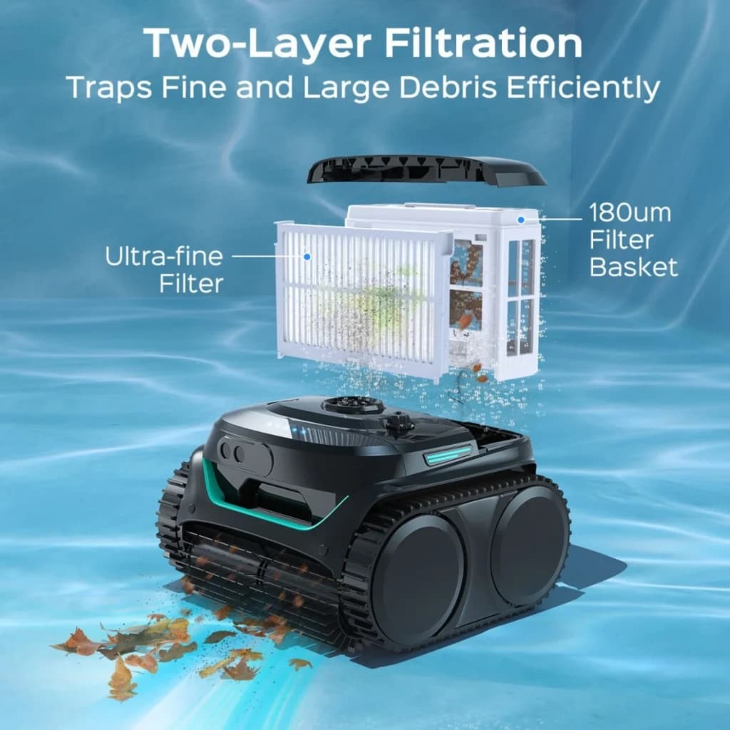 Wybot C2 Pro Robot Limpiafondos Inalámbrico con orugas, carcasa negra con detalles turquesa y cesto de filtro de doble capa 180 µm atrapando hojas y arena