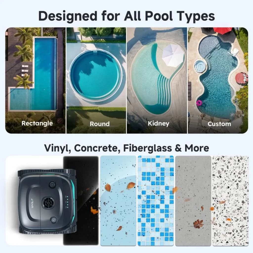 Wybot C2 Pro Robot Limpiafondos Inalámbrico para todo tipo de piscinas; diseño compacto negro con luces LED, ruedas anchas y cepillos para hojas y residuos