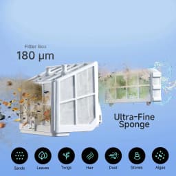 Robot limpiafondos Wybot S2 Solar Negro Doble filtro 3D + ultrafino, detalle: caja filtrante 180 µm y esponja ultrafina