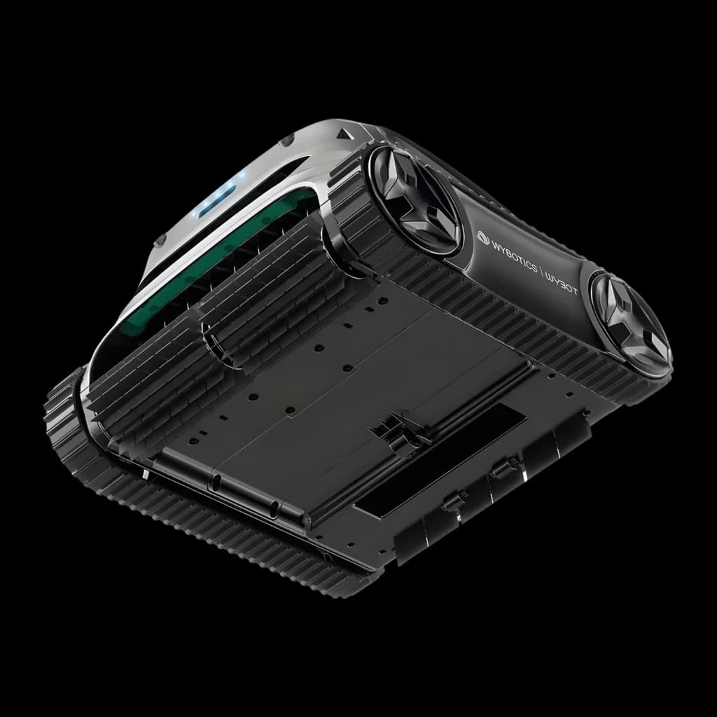 Robot limpiafondos Wybot S2 Solar Negro Doble filtro 3D + ultrafino, vista trasera: base plana con orugas laterales y dos