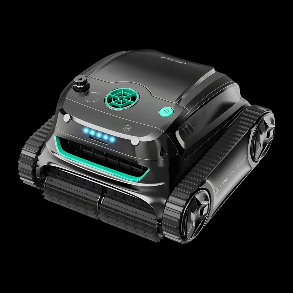 Robot limpiafondos Wybot S2 Solar Negro Doble filtro 3D + ultrafino, detalle: rejilla verde, LEDs azules y orugas frontales