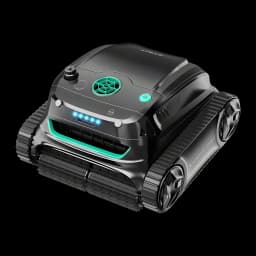 Robot limpiafondos Wybot S2 Solar Negro Doble filtro 3D + ultrafino, detalle: rejilla verde, LEDs azules y orugas frontales