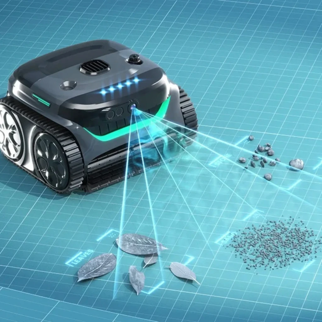 Wybot C2 Pro Vision robot nettoyeur de piscine noir compact, caméra frontale avec IA, chenilles latérales robustes, roues doubles et voyants LED intégrés - Ítem1