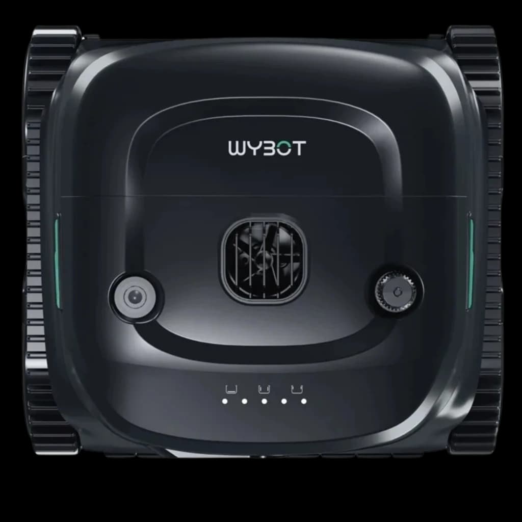 Wybot C2 Pro Vision Robot Limpiafondos Visión AI, cuerpo negro compacto con cámara frontal, rejilla central, luces LED y orugas laterales para piscina