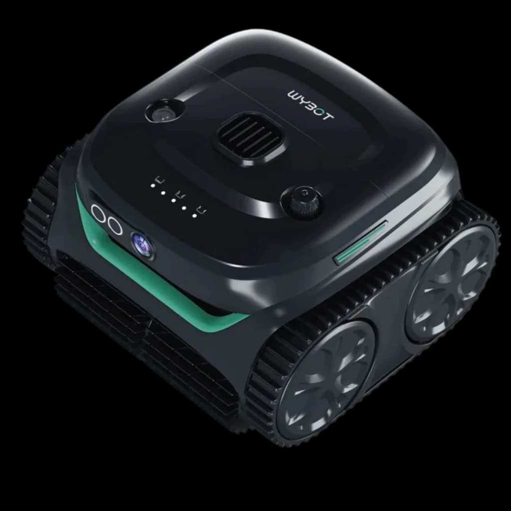 Wybot C2 Pro Vision Robot Limpiafondos Visión AI, diseño compacto negro con orugas dobles, cámara frontal, luces LED y rejilla superior con dial y puerto