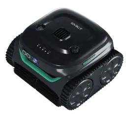 Wybot C2 Pro Vision Robot Limpiafondos Visión AI, diseño compacto negro con orugas dobles, cámara frontal, luces LED y rejilla superior con dial y puerto