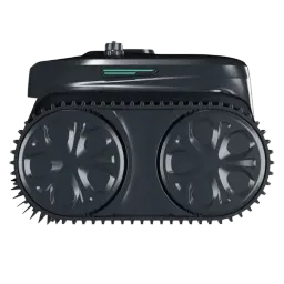 Wybot C2 Pro Vision Robot Limpiafondos Visión AI con orugas de tracción y dos rodillos cepillo frontales; diseño compacto negro y luz indicadora en la parte
