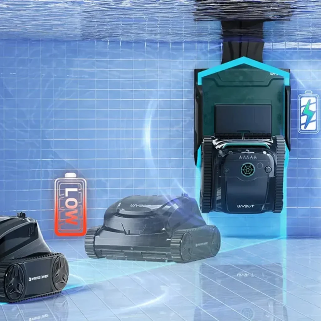 Robot nettoyeur de piscine Wybot S2 Solar Vision noir, design compact, chenilles robustes, panneau supérieur relevable, logo lumineux vert, structure modulaire - Ítem6