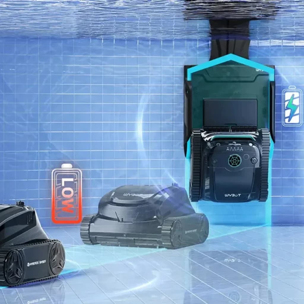 Wybot S2 Solar Vision Robot Limpiador de Piscinas con panel solar, orugas robustas y sensores; carga inteligente y limpieza autónoma bajo el agua