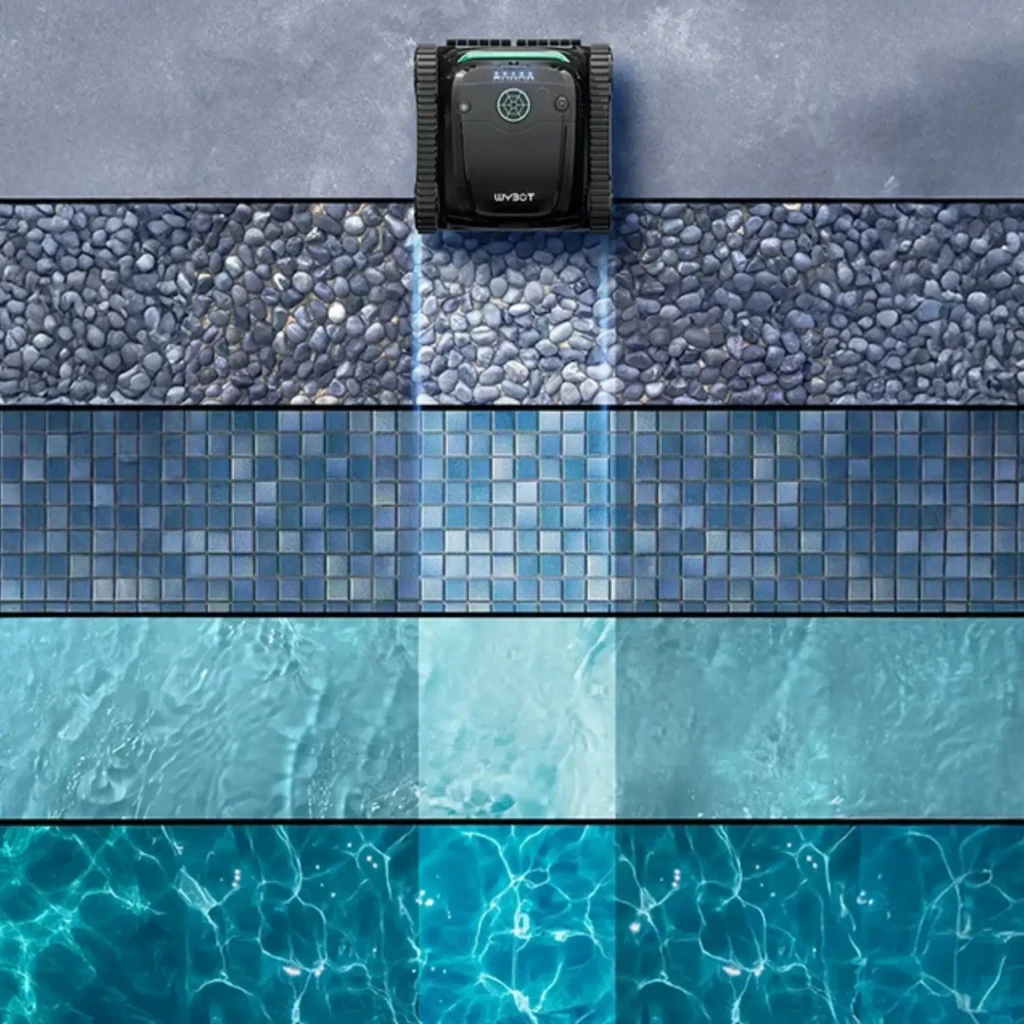 Robot nettoyeur de piscine Wybot S2 Solar Vision noir, design compact, chenilles robustes, panneau supérieur relevable, logo lumineux vert, structure modulaire - Ítem4