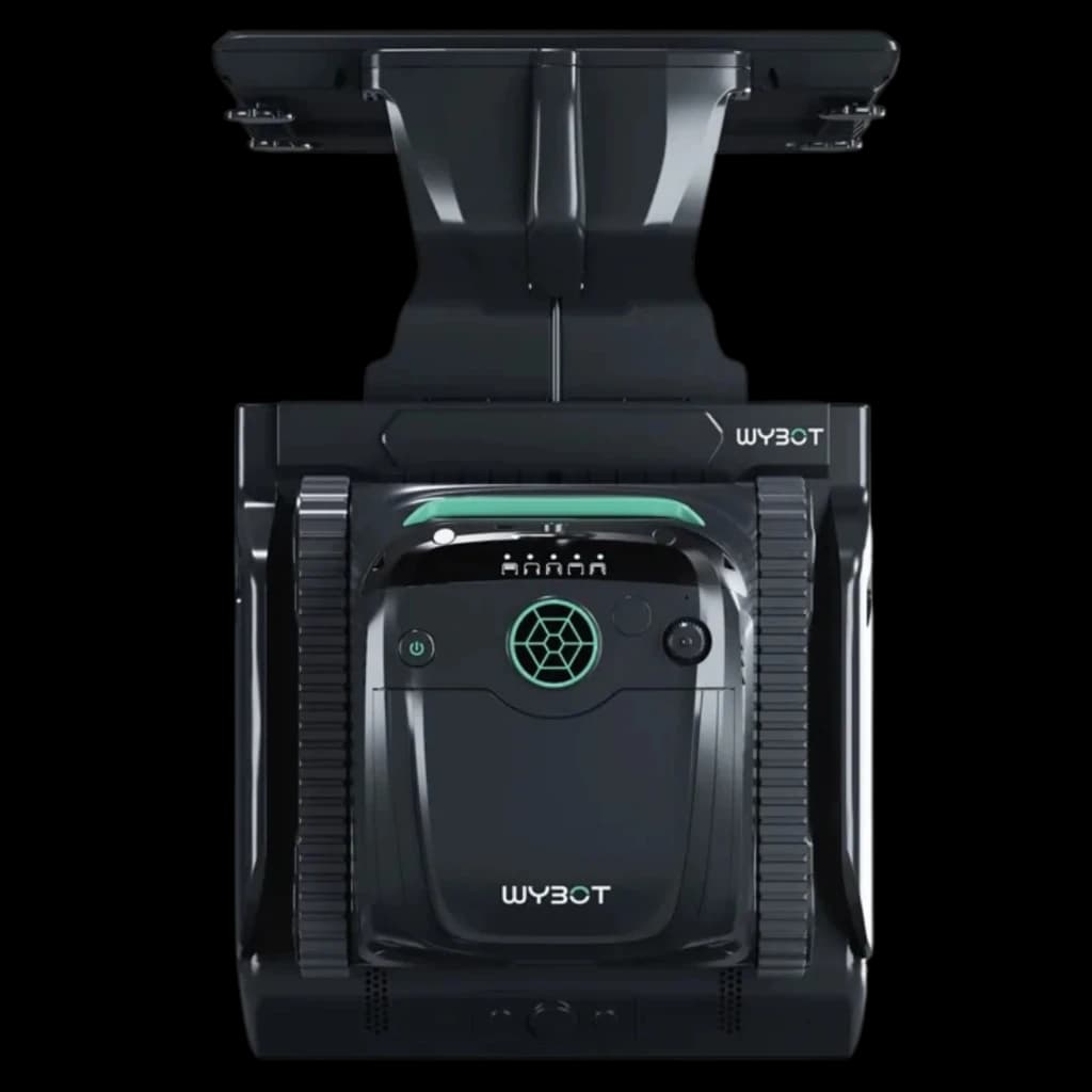 Wybot S2 Solar Vision Robot Limpiador de Piscinas con panel solar superior, ruedas de oruga robustas, diseño negro compacto y luces LED frontales