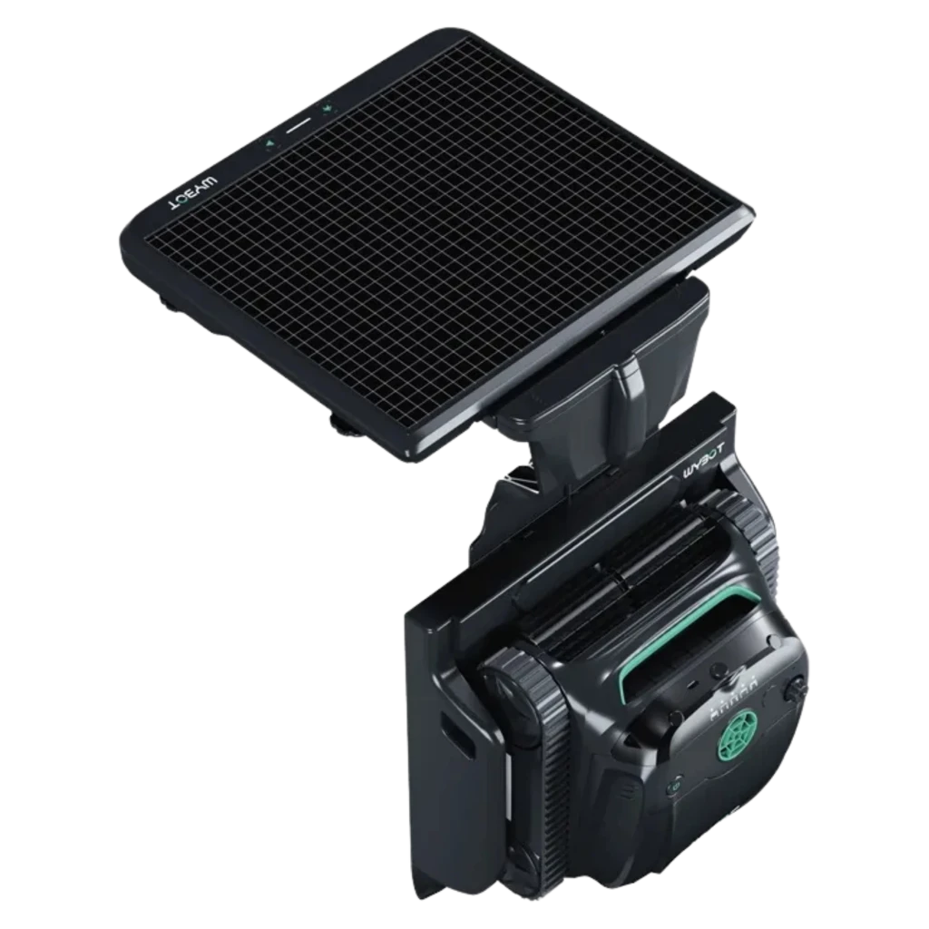 Robot nettoyeur de piscine Wybot S2 Solar Vision noir, design compact, chenilles robustes, panneau supérieur relevable, logo lumineux vert, structure modulaire - Ítem1